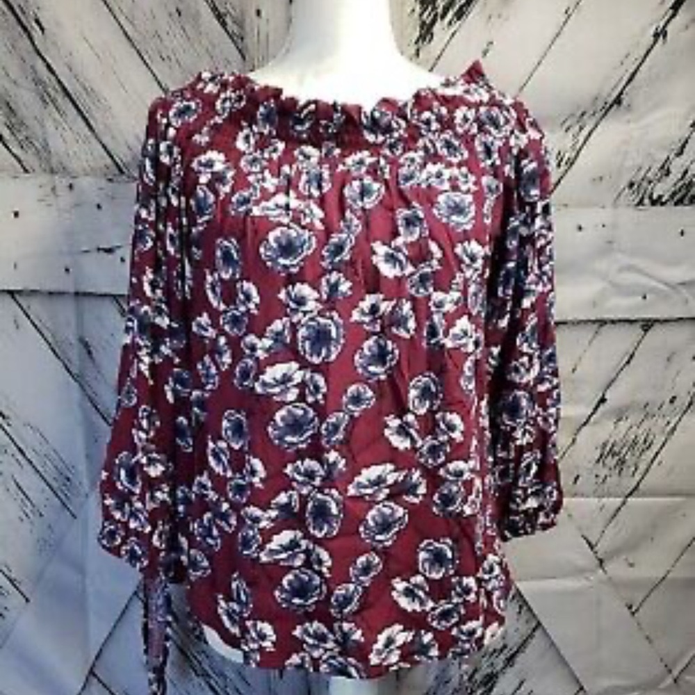 Red and Purple Smocked Blouse with Relaxed Fit